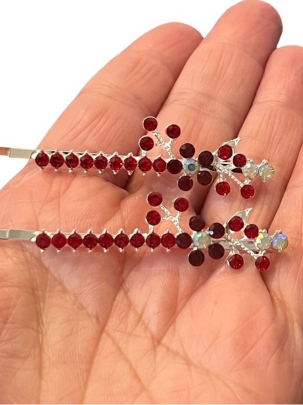 Red Crystal Floral Bobby Pins - Set of 2  FINAL PRICE DROP